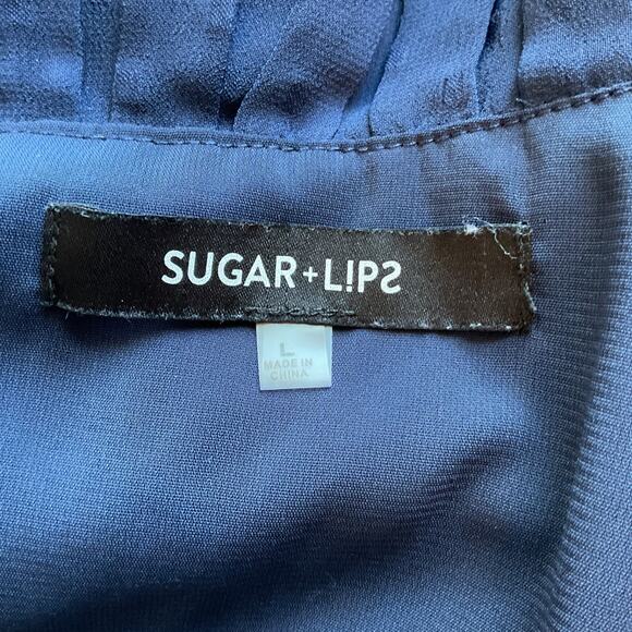 Sugar Lips Navy Swiss Dot Long Sleeve Ruffle Panels V Neck Dress L - Picture 4 of 7